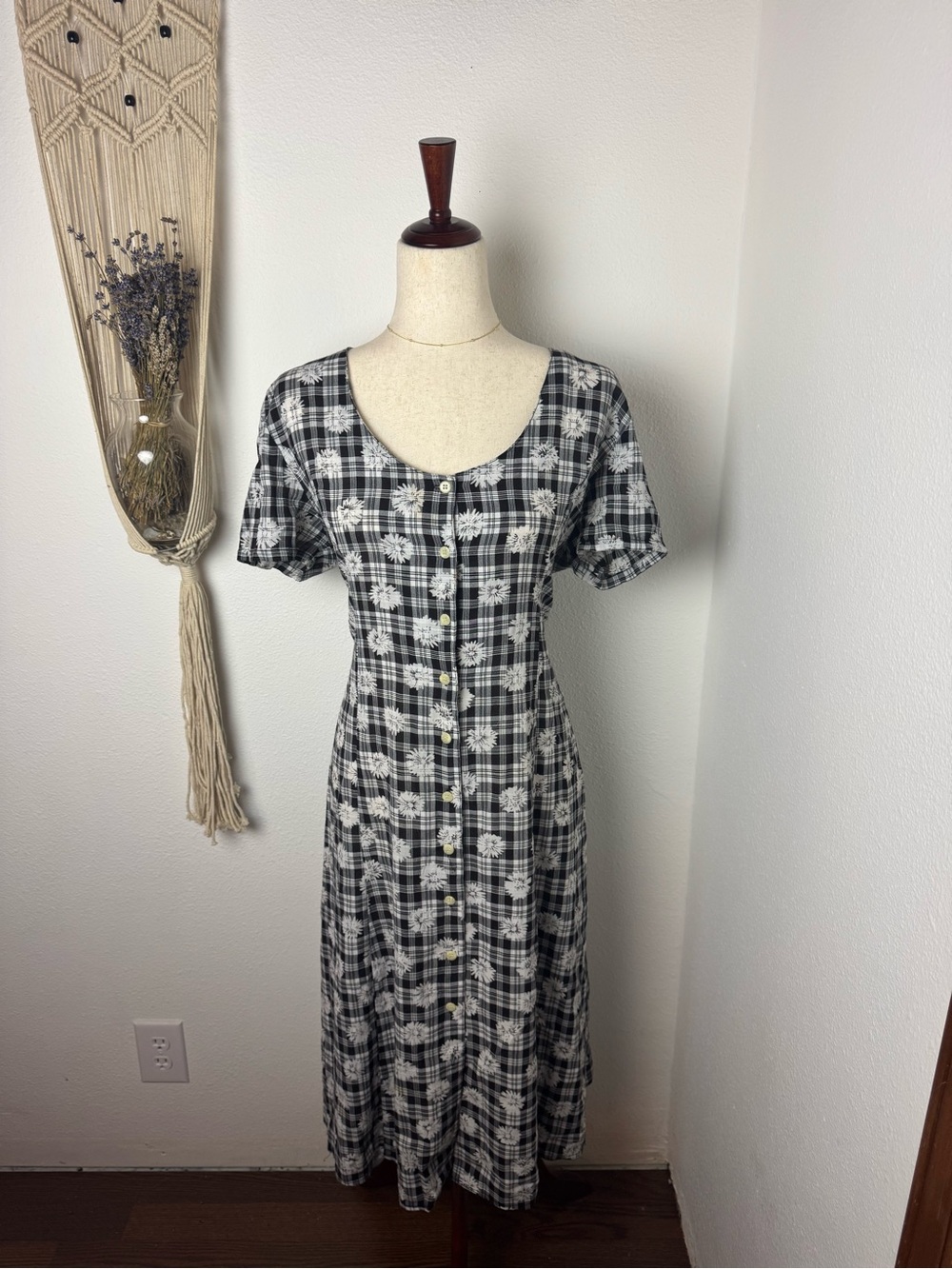 Black & White Plaid Floral Button-Front Midi Dress